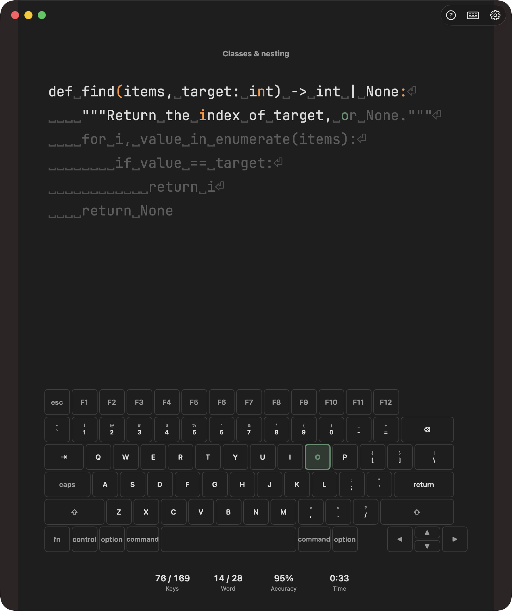 A Chordal code lesson showing formatted Python source with indentation and brackets intact.
