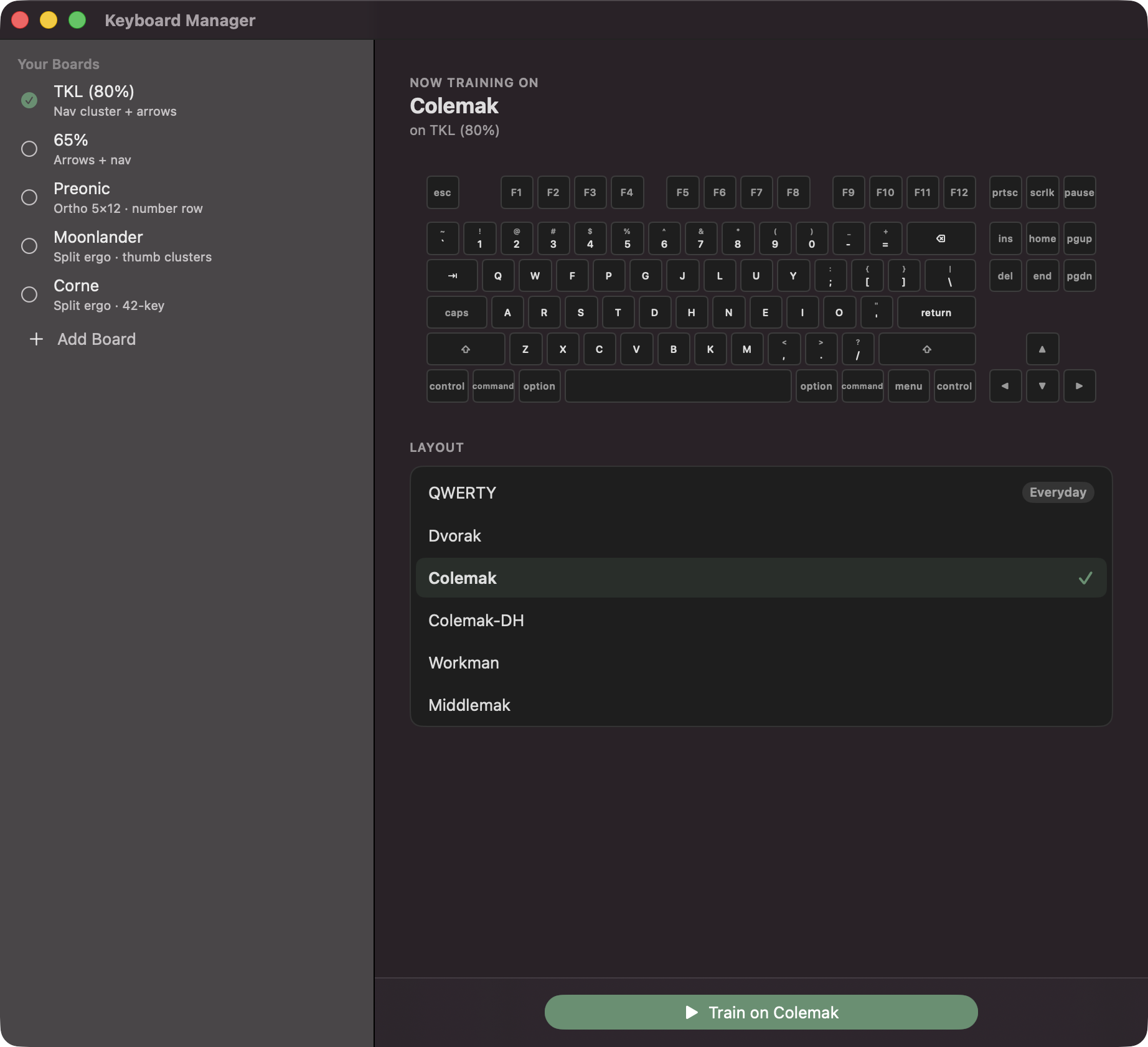 Chordal's Keyboard Manager listing full-size, split, and ortho boards alongside layouts like Dvorak, Colemak, and Workman.